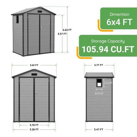 Dimensions of spacious 6x4 ft plastic storage shed with floor, featuring windows, resin material, and lockable double doors.