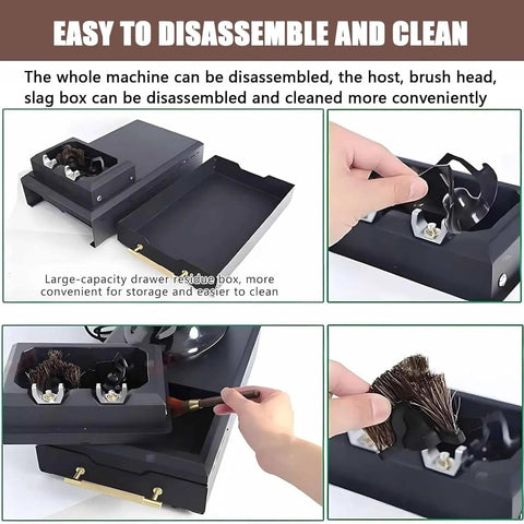 Auto Portafilter Cleaner Sweeping Up Spent Espresso Grounds With Zero Drama Using Durable Steel Knock Box And Nifty Brush Attachments For Slick Daily Cleaning At Your Home Or Commercial Bar, showcasing disassembled parts and cleaning tools.
