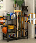 Heavy Duty Garden Tool Organizer Rack With Slick Storage Hooks And Multi Shelf Design For Garage Yard Shed Or Workshop showcases 11 hooks and 10 slots.