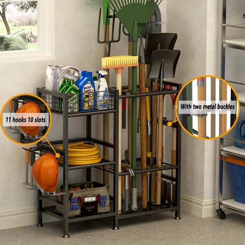 Heavy Duty Garden Tool Organizer Rack With Slick Storage Hooks And Multi Shelf Design For Garage Yard Shed Or Workshop showcases 11 hooks and 10 slots.