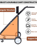 Side view of Outboard Motor Stand With Wheels Heavy Duty Engine Carrier For Storage And Maintenance Durable Boat Trailer Dolly Supports Up To 350 Lbs Black Wood Board, triangular structure, and features.