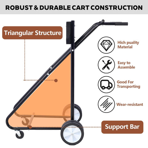 Side view of Outboard Motor Stand With Wheels Heavy Duty Engine Carrier For Storage And Maintenance Durable Boat Trailer Dolly Supports Up To 350 Lbs Black Wood Board, triangular structure, and features.