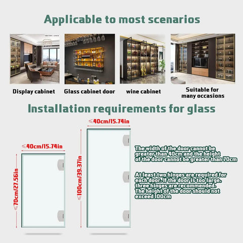 Heavy Duty No Drill Glass Door Hinges Pack for cabinets showcases and wine cabinets fits 5 to 10mm glass thickness matte finish diagram