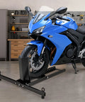 Heavy Duty Upright Motorcycle Wheel Chock Stand Keeps Your Bike Standing Solid In Garage Trailer Or Truck Fits 15 To 22 Inch Wheels And Supports Up To 1800 Pounds For Easy Loading And Safe Transport securing a motorcycle in a garage.