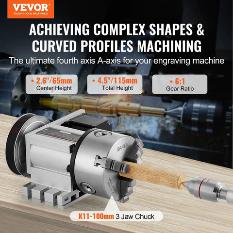 Heavy Duty Dividing Head With K11 3 Jaw Chuck And Mt2 Tailstock 4Th Axis A Axis Rotary Indexing Head For Cnc Milling Machine showing 3 jaw chuck and wood piece.