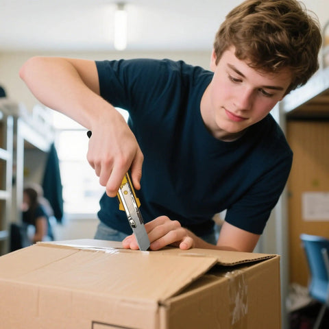 Young man using box cutter to open package in dorm room setting.