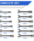 Flex Head Ratcheting Wrench Set 12 Piece Metric 8 To 19 mm Cr-V Combination Wrenches with 72 Tooth Ratchet, size labels visible