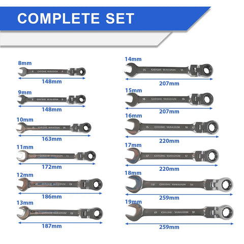 Flex Head Ratcheting Wrench Set 12 Piece Metric 8 To 19 mm Cr-V Combination Wrenches with 72 Tooth Ratchet, size labels visible