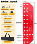 Diagram showing All-In-One Shelf Pin Drilling Jig With 11 Holes, Aluminum Alloy Self-Contained Clamp, drill bits, and storage bag
