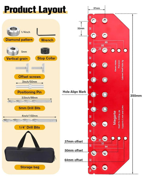 Diagram showing All-In-One Shelf Pin Drilling Jig With 11 Holes, Aluminum Alloy Self-Contained Clamp, drill bits, and storage bag