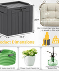 Big 31 Gallon Outdoor Storage Box With Lid For Patio Furniture, Garden Tools, And Pool Supplies in dark grey resin with dimensions.