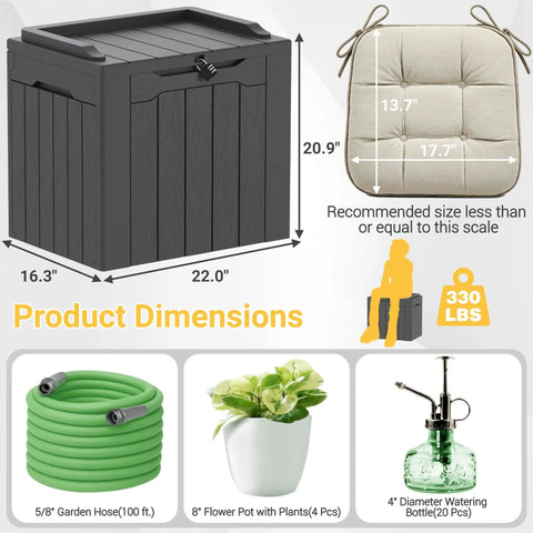 Big 31 Gallon Outdoor Storage Box With Lid For Patio Furniture, Garden Tools, And Pool Supplies in dark grey resin with dimensions.