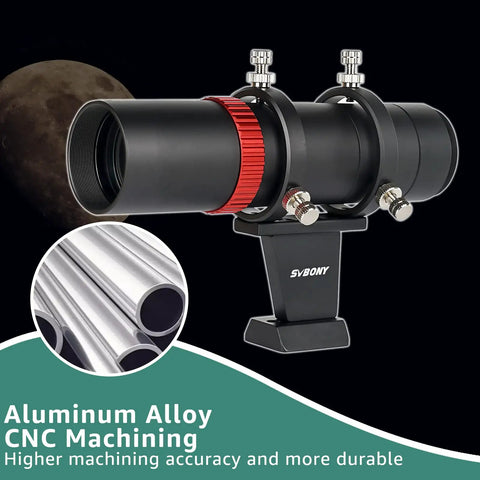 Aluminum body of Mini 40mm Guide Scope Bundle With Universal Dovetail Base For Telescopes, showcasing moon and material strength.