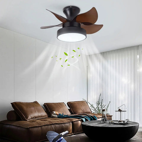 Crtohbnl Ceiling Fan with Light Control 6 Wind Speeds Reversible Fan, brown blades, living room setting with adjustable lighting.