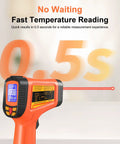 Infrared Temp Gun With 50 to 1 Distance Ratio Measures Minus 58F To 2732F Laser Temperature Tool in use with display and laser