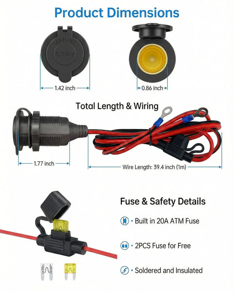 Product Dimensions for Heavy Duty ThreeFoot 13AWG 12V Waterproof Cigarette Lighter Socket Extension Cord For Cars Boats And RVs With 20A Fuse Protection And Dual Core Copper Wire Cable