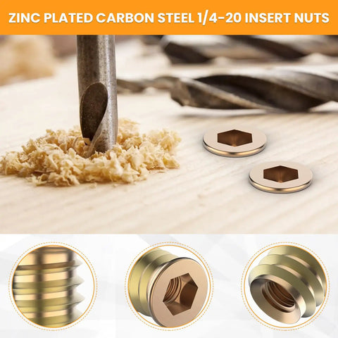 50 Sets 1/4-20 X 19/32 Inch Threaded Inserts And Bolts For Wood Hex Socket Drive Furniture, drilling into wood surface