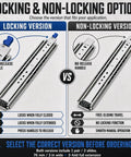 Locking Drawer Slides 3 Inch Wide Full Extension 1 Pair Beefy Steel Drawer Guides with blue release handle, locking version shown