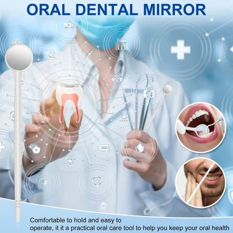 Pro Grade Dental Mouth Mirrors Pack Of 100 With Shiny Handles Anti Fog Intraoral Inspection Mirrors Individually Wrapped Ergonomic Angled Design For Easy Cheek Retraction Lightweight Clinic Quality. Oral dental mirror shown with handle and inspection head