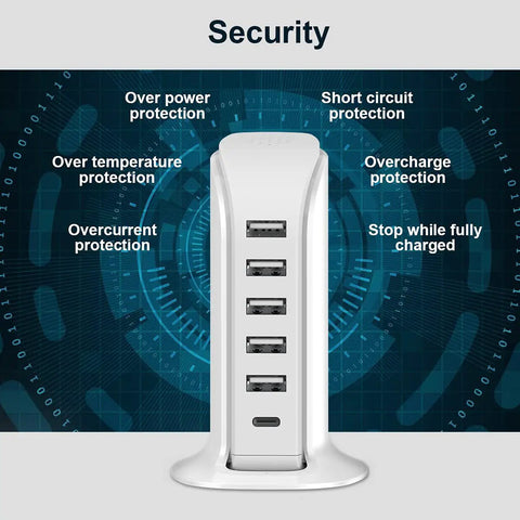 40W USB Charging Hub Workhorse With Five Ports And Type C 3A Desktop Wall Charger Tower showing security features
