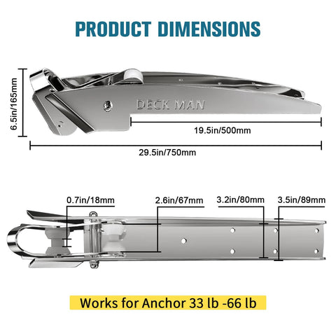 Deck Man bow anchor roller, 316 stainless steel marine grade, hinged self-launching for 33–66 lb Delta anchors, side view.