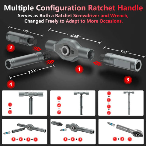 24 In 1 Magnetic Screwdriver Set With Detachable Handle And Ratchet showing multiple configuration options for versatile use.