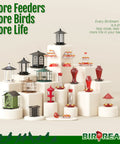 Variety of bird feeders including Two Pack Window Hummingbird Feeders With Strong Suction Cups, Red Color, 7 Feeding Ports, on display