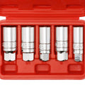 Open case with 3/8 Inch Drive Spark Plug Socket Set, 6 Point, Pro Grade, Includes 5/8 Inch, 3/4 Inch, 13/16 Inch, 14Mm And 18Mm Sockets