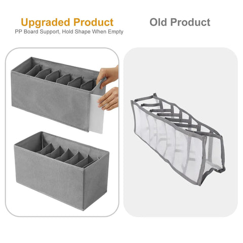 Comparison showing upgraded Three Pack Clothes Organizer Bins With Seven Grid Compartments beside old style, highlighting sturdiness