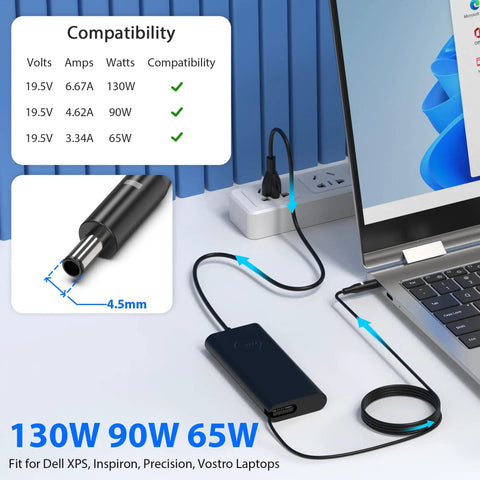 130W 4.5mm Tip Laptop Charger For Dell XPS 15 And Precision Laptops Plus Inspiron And Vostro Power Adapter Cord DA130PM130