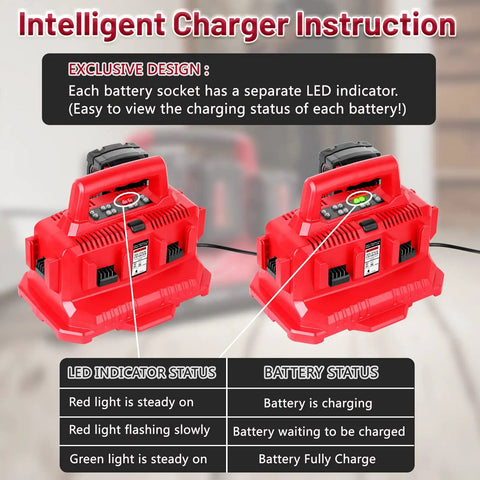 Image of Six Port 18V Battery Charger Station for M18 Tools with LED indicators and instructions.