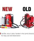 Comparison of new and old 20 Ton Pneumatic Bottle Jack With Slow Release Welded Aluminum Pump Heavy Duty Car Lift For Auto Repair And Home Garage Lifts From Ten And A Quarter Inches To Nineteen And Eleven Sixteenths Inches Fits Cars Trucks And SUVs Red