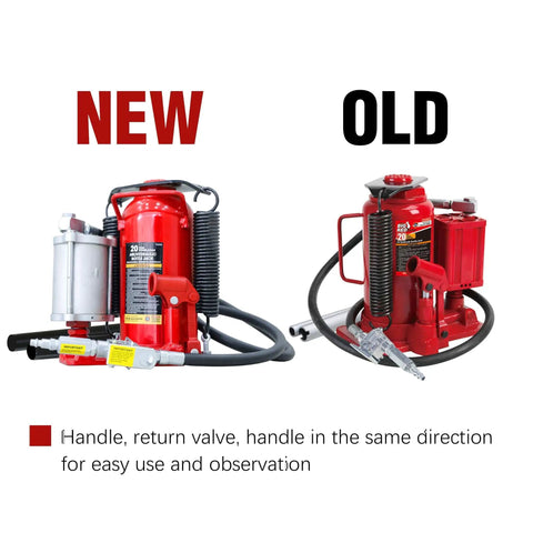 Comparison of new and old 20 Ton Pneumatic Bottle Jack With Slow Release Welded Aluminum Pump Heavy Duty Car Lift For Auto Repair And Home Garage Lifts From Ten And A Quarter Inches To Nineteen And Eleven Sixteenths Inches Fits Cars Trucks And SUVs Red