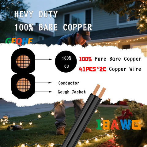 500 Foot Black SPT-2 Zip Cord Extension Cable 18 Gauge 2 Conductor UL Listed Wire shown with copper wire detail