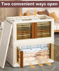 Hella Roomy 76 QT Storage Bins With Heavy Duty Snap Lid Covers, open collapsible crate with two access options and stored items.