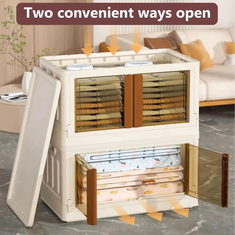 Hella Roomy 76 QT Storage Bins With Heavy Duty Snap Lid Covers, open collapsible crate with two access options and stored items.