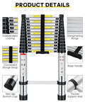 Sixteen Point Five Foot Aluminum Telescoping Ladder with Extra Replacement Non Slip Rubber Covers Beefy 330 Pound Load Capacity Foldable Multi Purpose Ladder For RV Outdoor DIY Projects, focus on product features like non-slip bottom cap and convenient storage strap.
