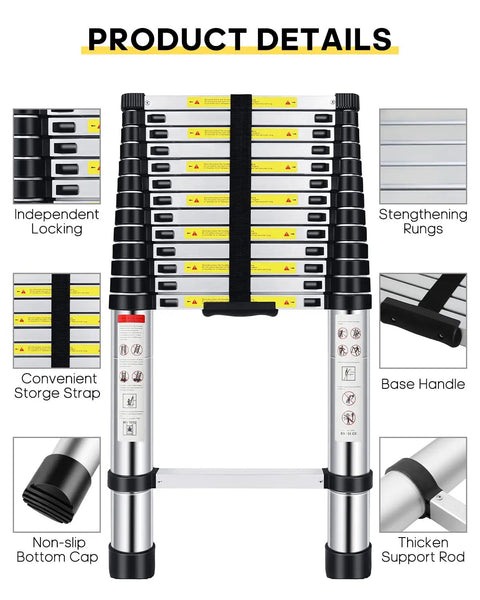 Sixteen Point Five Foot Aluminum Telescoping Ladder with Extra Replacement Non Slip Rubber Covers Beefy 330 Pound Load Capacity Foldable Multi Purpose Ladder For RV Outdoor DIY Projects, focus on product features like non-slip bottom cap and convenient storage strap.