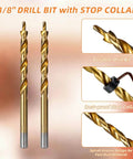Two 3/8 inch drill bits with stop collars for All In One Pocket Hole Jig Kit For Super Strong Hidden Joints With 15 Degree Adjustable Drill Guide