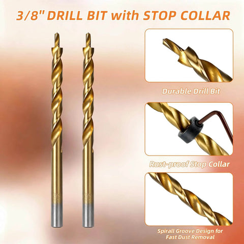 Two 3/8 inch drill bits with stop collars for All In One Pocket Hole Jig Kit For Super Strong Hidden Joints With 15 Degree Adjustable Drill Guide