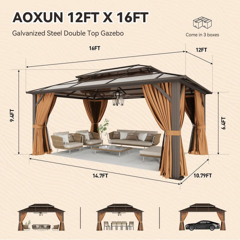 12x16 Foot Hardtop Metal Gazebo With Double Polycarbonate Roof For Outdoor Patio Netting And Curtains Included Permanent Backyard Pavilion For Lawn Garden And Patio Brown Chill Zone