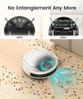 Robot Vacuum With Strong Suction And Long Battery Life For Pet Hair Slim Low Profile Quiet Cleaning Auto Docking And Self Charging Wi Fi App And Alexa Control Great For Hard Floors And Everyday Cleaning M210 shown cleaning floor with debris