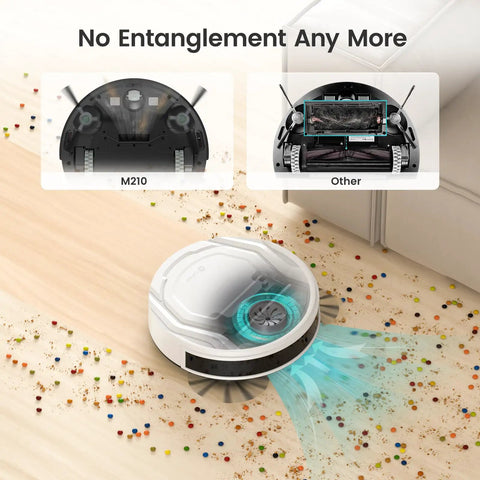 Robot Vacuum With Strong Suction And Long Battery Life For Pet Hair Slim Low Profile Quiet Cleaning Auto Docking And Self Charging Wi Fi App And Alexa Control Great For Hard Floors And Everyday Cleaning M210 shown cleaning floor with debris