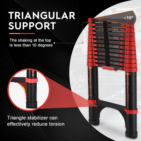 Telescoping Extension Ladder 12.5 Ft Red Aluminum Lightweight All Purpose Ladder With Dual Triangle Stabilizers for stability
