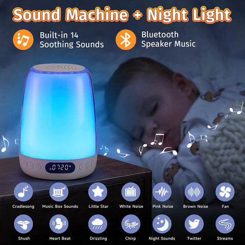 Smart App Controlled Night Light With Built In Sound Machine For Baby Nursery glowing blue near sleeping child.