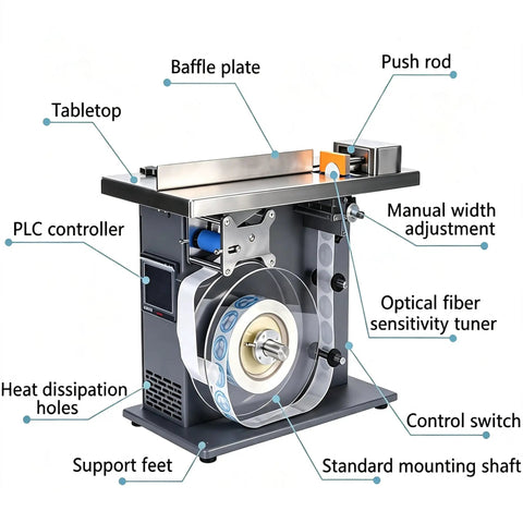 Semi Automatic PLC Corner Labeler Machine With Touch Screen Control For 25To30mm Boxes components including PLC controller and manual adjustments.