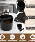 9 Piece Espresso Knock Box Kit With Oversized Silicone Coffee Mat And Tamping Mat, shown in black with detachable rod.