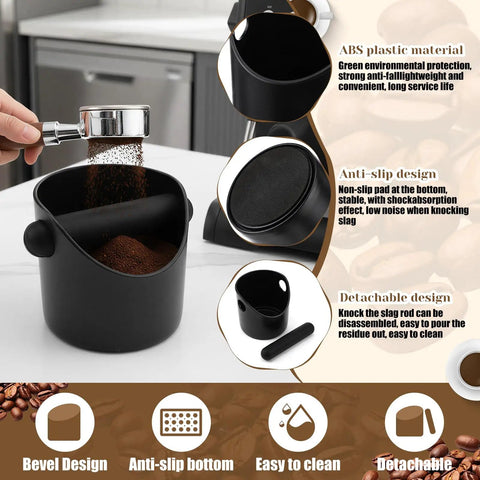 9 Piece Espresso Knock Box Kit With Oversized Silicone Coffee Mat And Tamping Mat, shown in black with detachable rod.