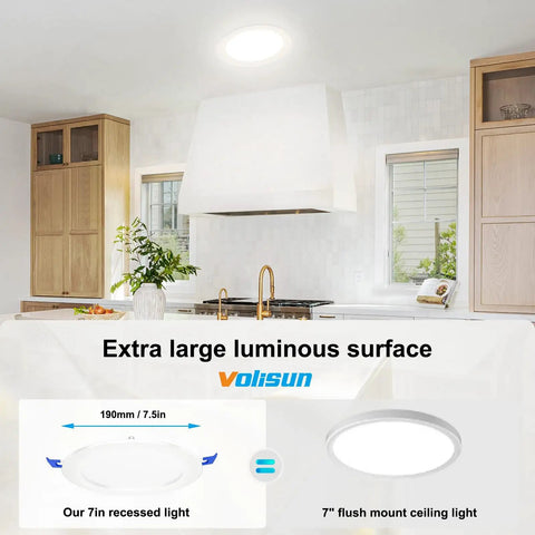 VOLISUN 8 Pack 7 inch Recessed Lighting, 5CCT, 2700K-5000K Selectable displayed in a modern kitchen setting.