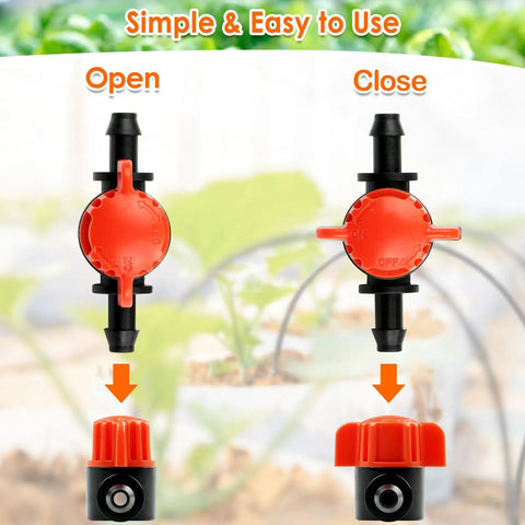 30 Pack One Quarter Inch Drip Irrigation Valves Barbed Shut Off Fittings open and closed view for water flow control